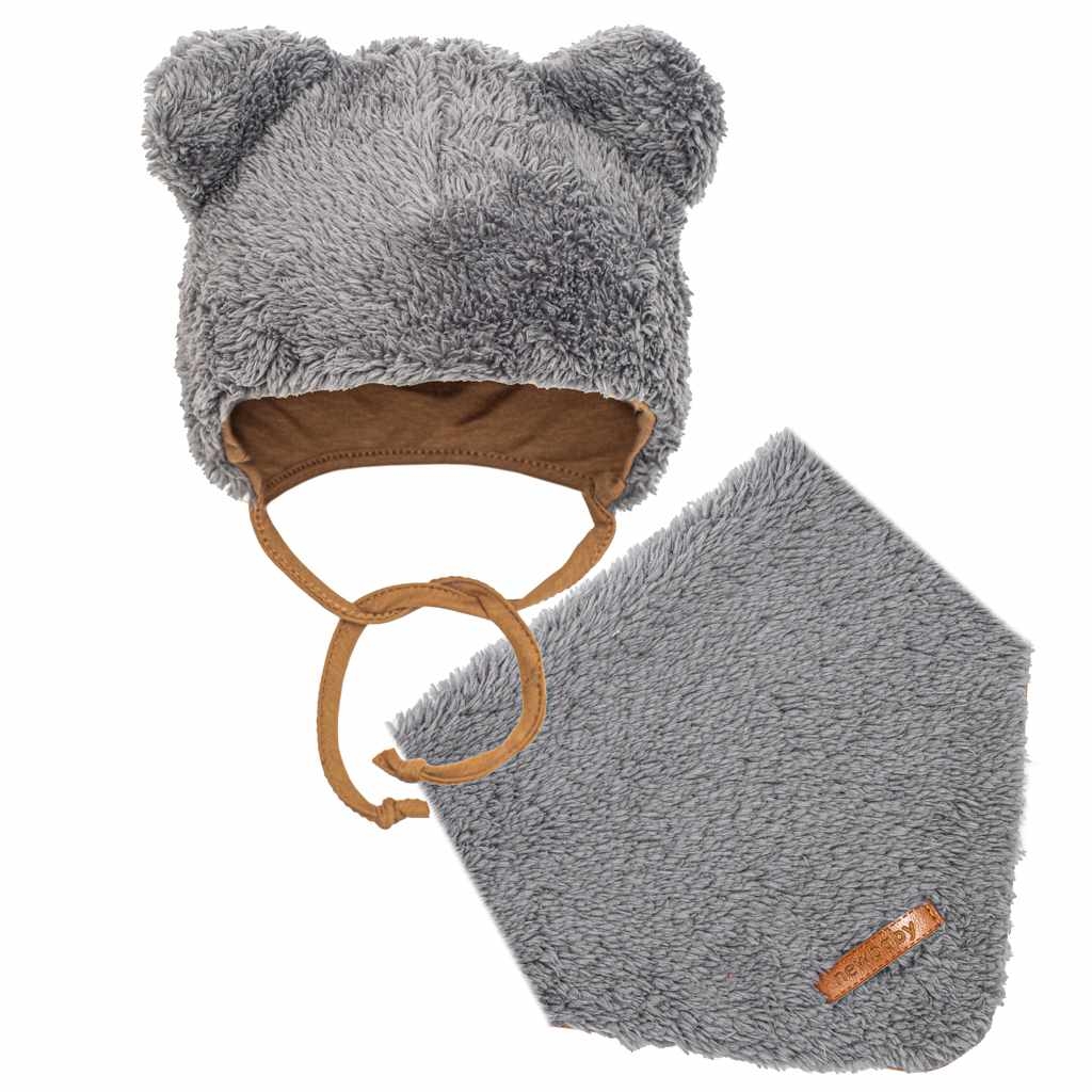 Zimná dojčenská čiapočka so šatkou na krk New Baby Teddy bear šedá 74 (6-9m)