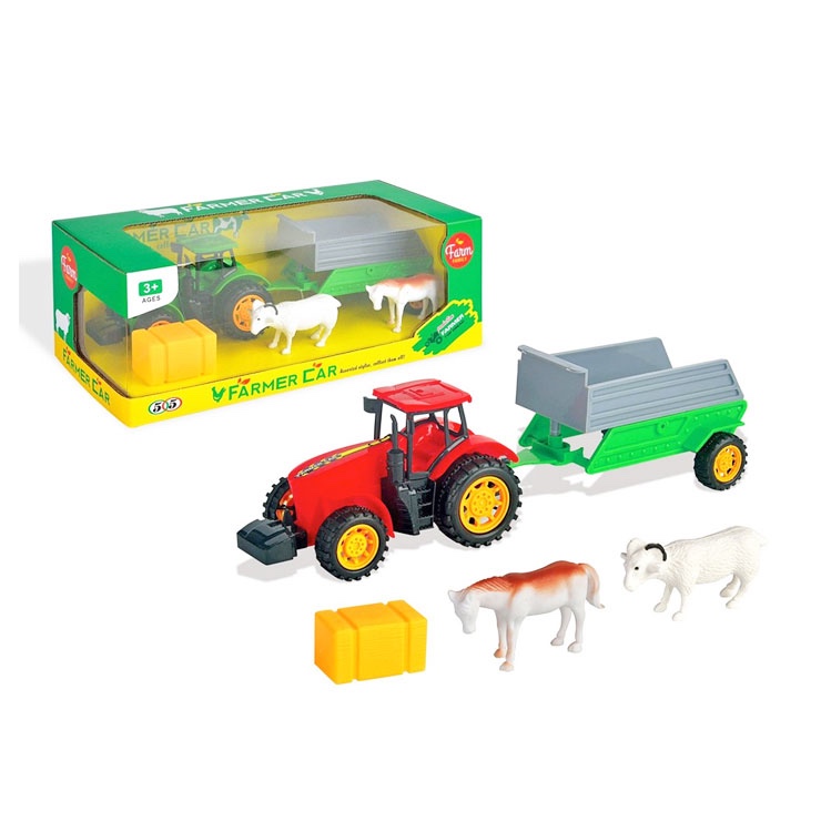 Traktor s vlečkou a zvieratami, na zotrvačník